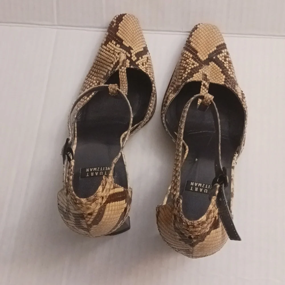Stuart Weitzman size 7B women's snake print t-strap high-heel shoes brown cream. - Picture 9 of 17